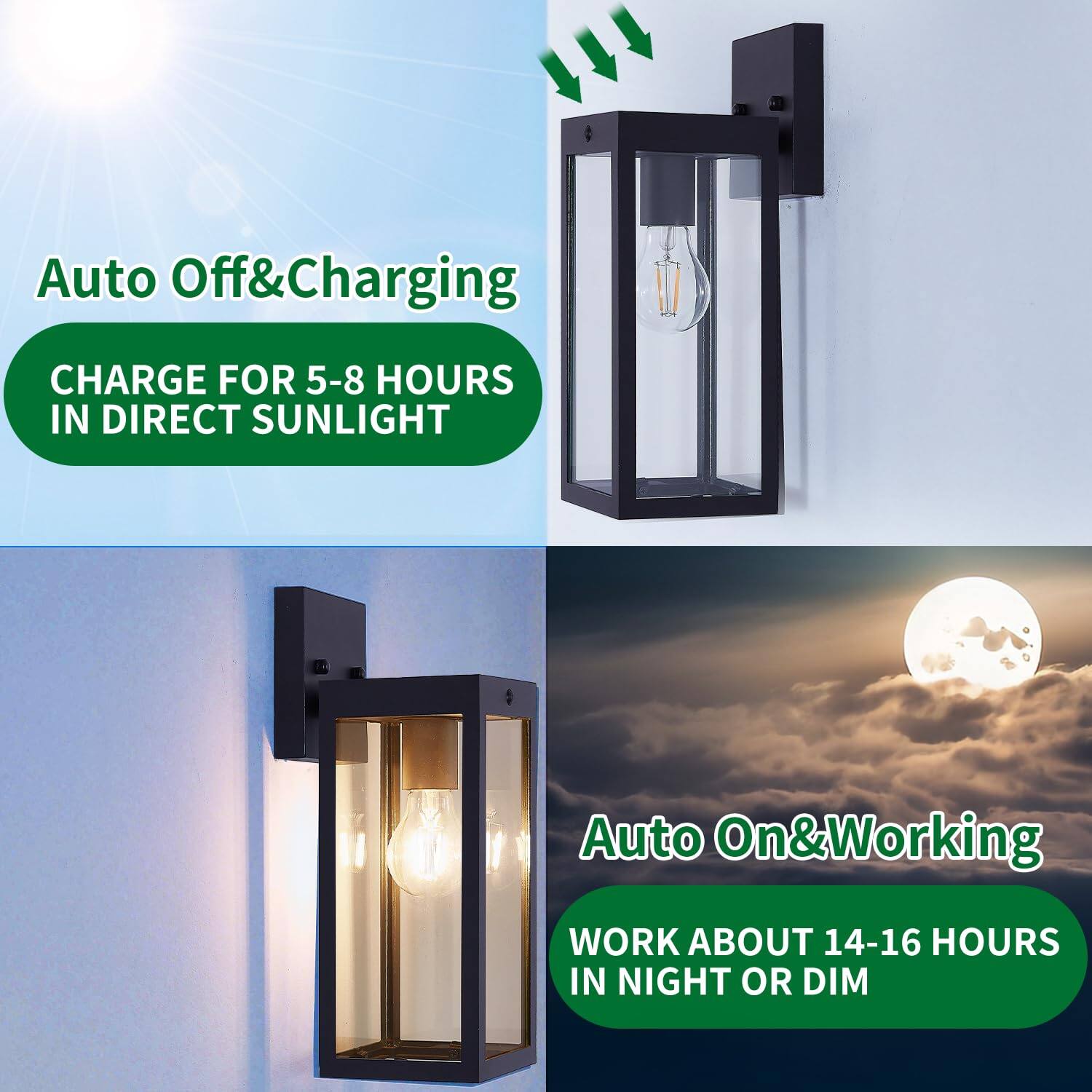 Auto Off&Charging  
CHARGE FOR 5-8 HOURS IN DIRECT SUNLIGHT  

Auto On&Working  
WORK ABOUT 14-16 HOURS IN NIGHT OR DIM