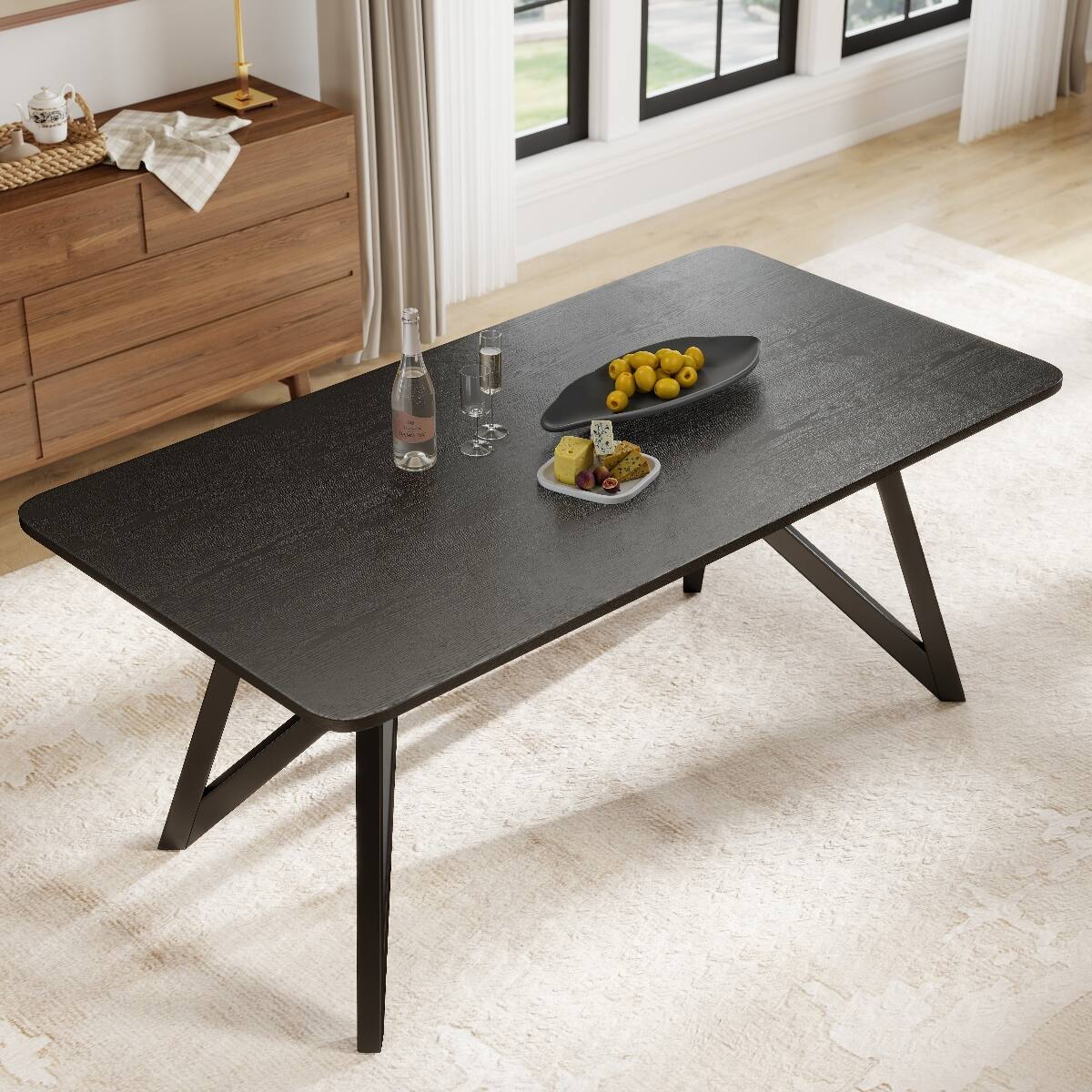 Alt View 4. Loheer - Loheer 70-Inch Black Rectangular Dining Table with Tripod Cross Legs - Black.