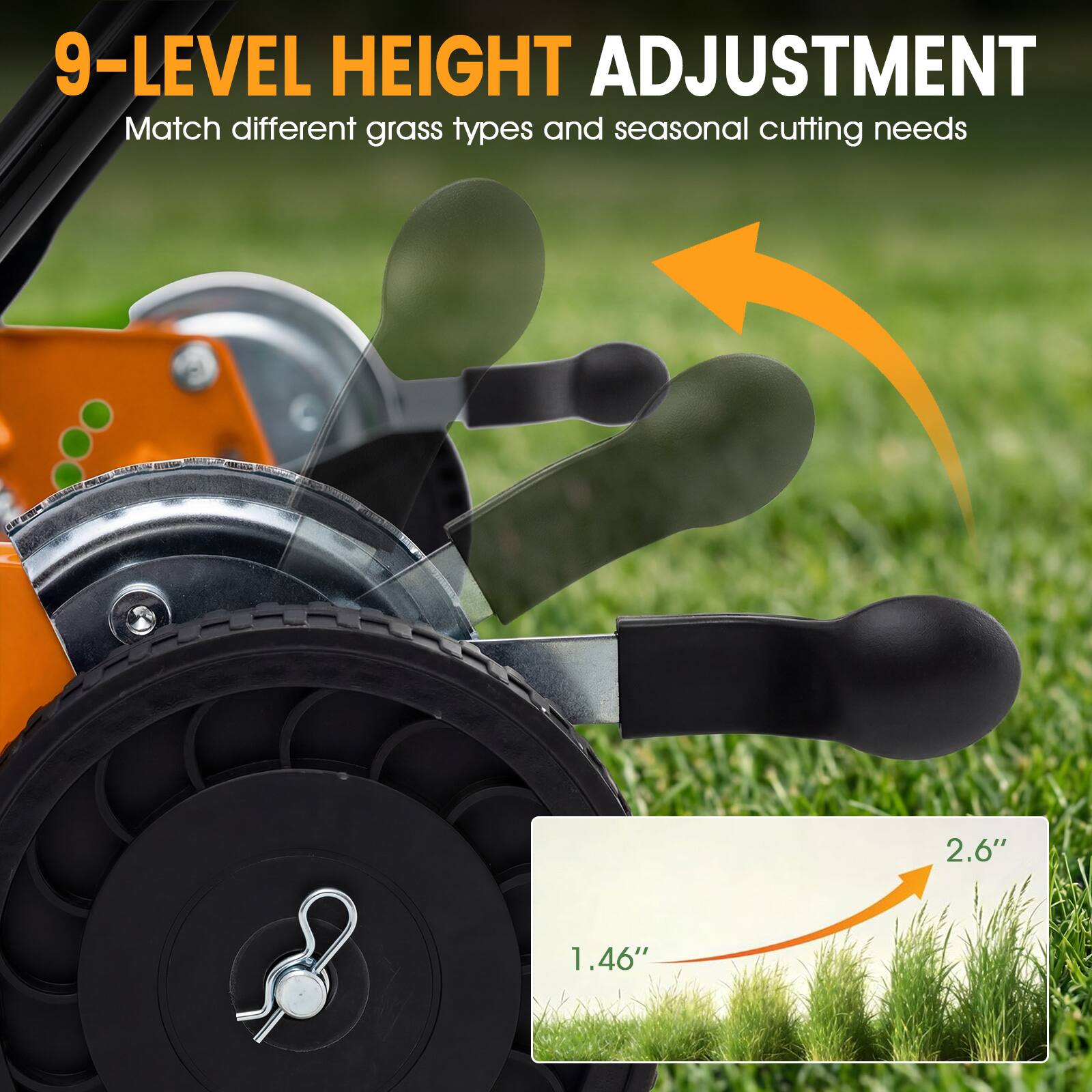 9-LEVEL HEIGHT ADJUSTMENT  
Match different grass types and seasonal cutting needs  

2.6"  
1.46"