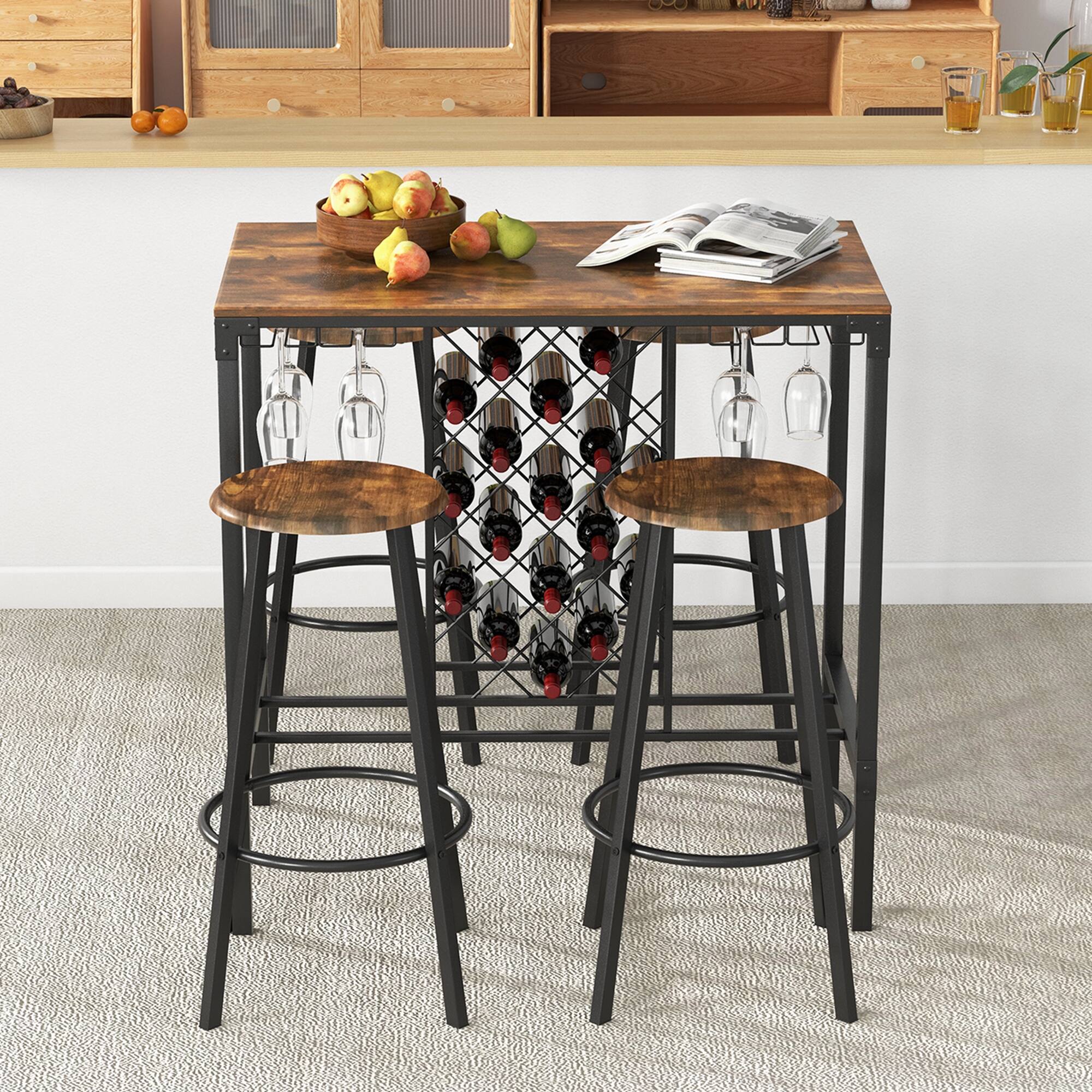 Alt View 4. Costway - 5PCS Bar Table & Stools Set Industrial Bistro Set with Wine Rack & Glass Holder - Rustic Brown/Black.
