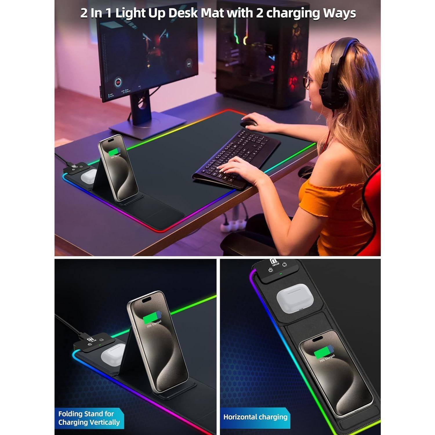 2 In 1 Light Up Desk Mat with 2 charging Ways

Folding Stand for Charging Vertically

Horizontal charging