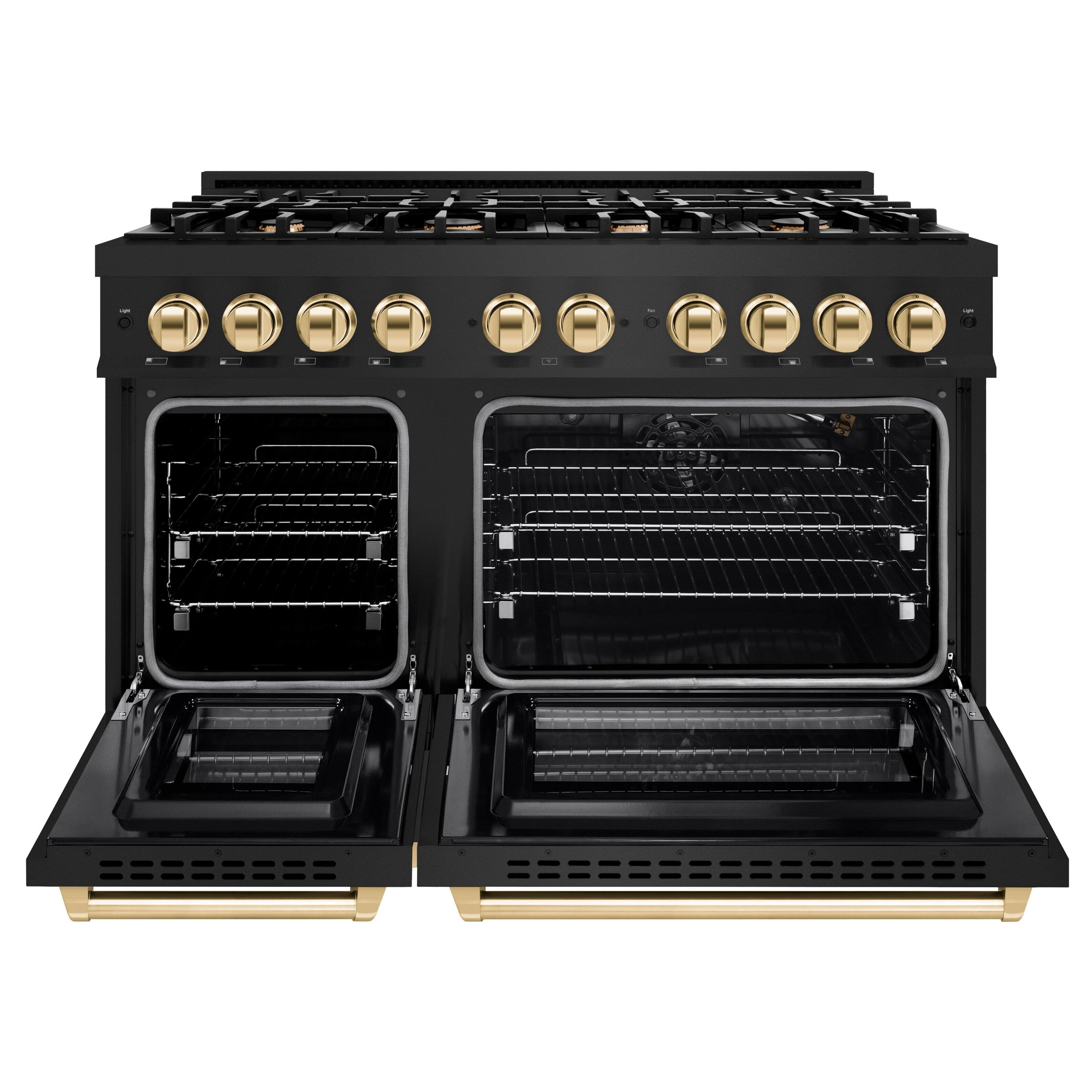 Left. ZLINE - ZLINE Autograph 48" Freestanding Select Black Stainless Gas Range w/ 8 Burners & Gold Accents (HGRBZ-48-G) - Black Stainless Steel.