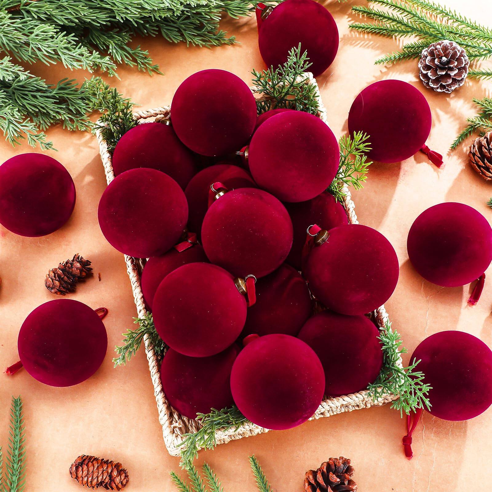 Alt View 2. Stylel Star - 32 Burgundy Christmas Balls Bulk - 3.15 Inch Flocked Tree Ball Ornaments Xmas Shatterproof Hanging For Garland - Burgundy.