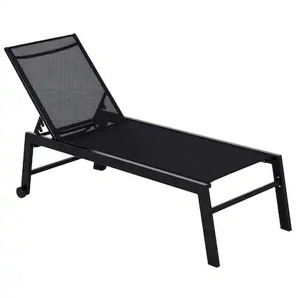 Front. Outsunny - Outdoor Chaise Lounge with Wheels, Five Position Recliner for Sunbathing, Suntanning, Steel Frame, Breathable Fabric - Black.