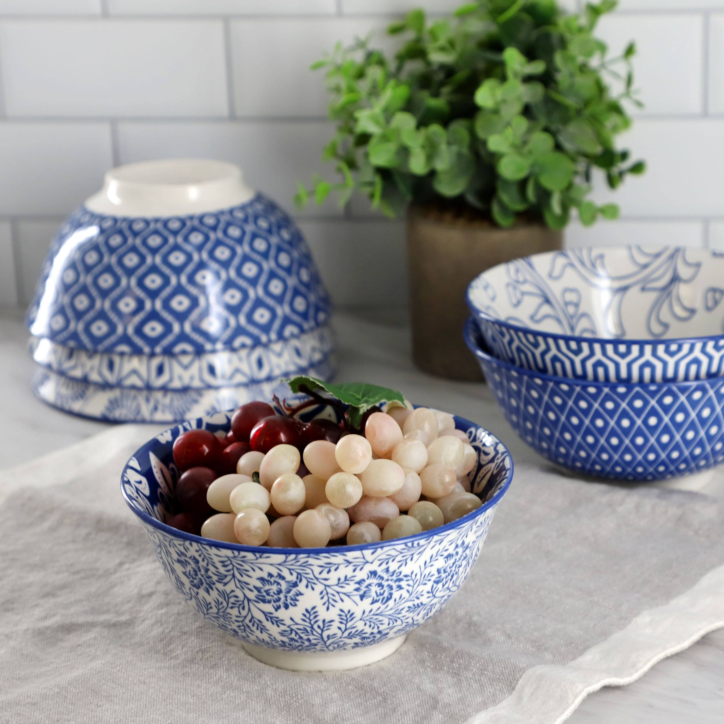 Alt View 2. Elama - Elama Moxy 6 Piece Assorted Design 20oz Porcelain Footed Bowl Set in Blue - Blue.