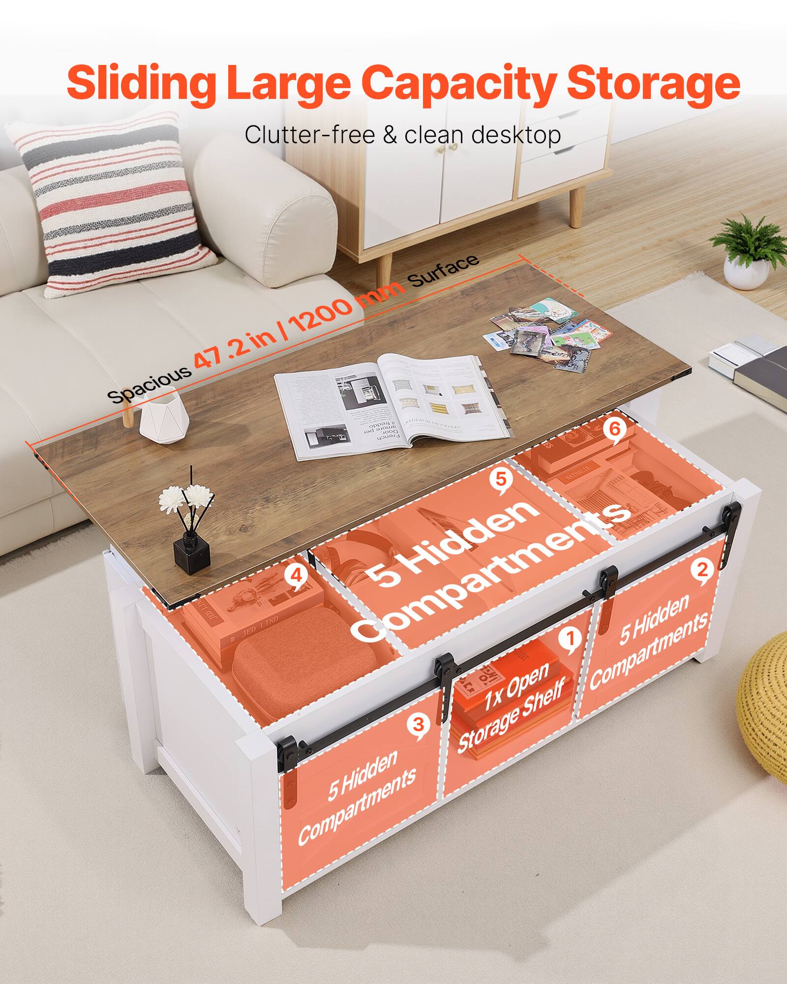 Sliding Large Capacity Storage  
Clutter-free & clean desktop  

Spacious 47.2 in / 1200 mm Surface  

5 Hidden Compartments  
5 Hidden Compartments  
1x Open Storage Shelf  
5 Hidden Compartments