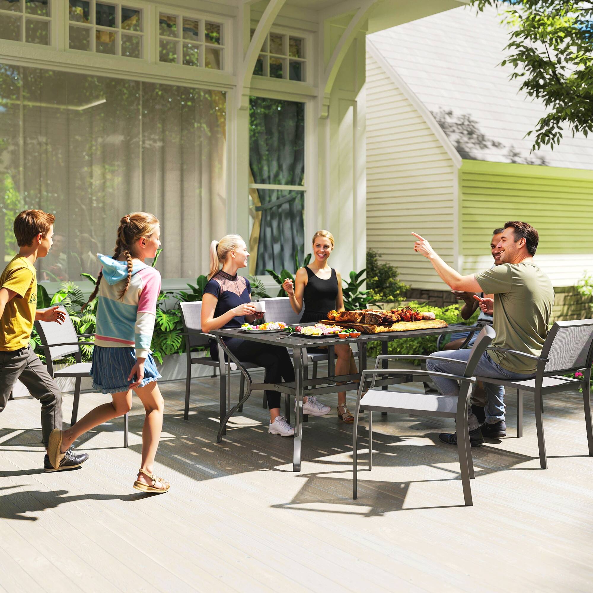 Alt View 8. Outsunny - Rectangle Outdoor Dining Table for 6 People, Steel Rectangular Patio Table with Umbrella Hole, Steel Frame for Garden - Black.