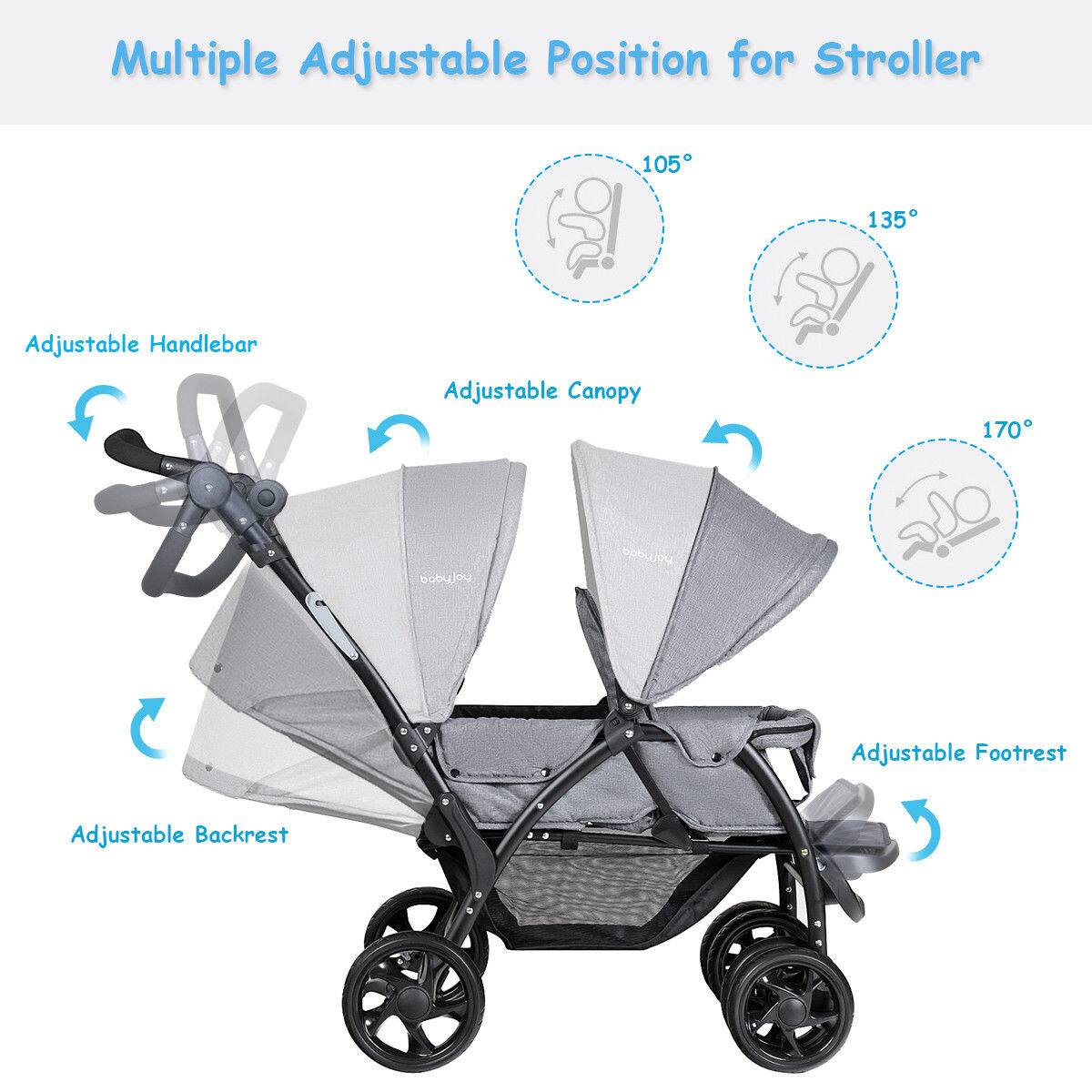 Multiple Adjustable Position for Stroller

105° Adjustable Handlebar
135° Adjustable Canopy
170° Adjustable Footrest
Adjustable Backrest