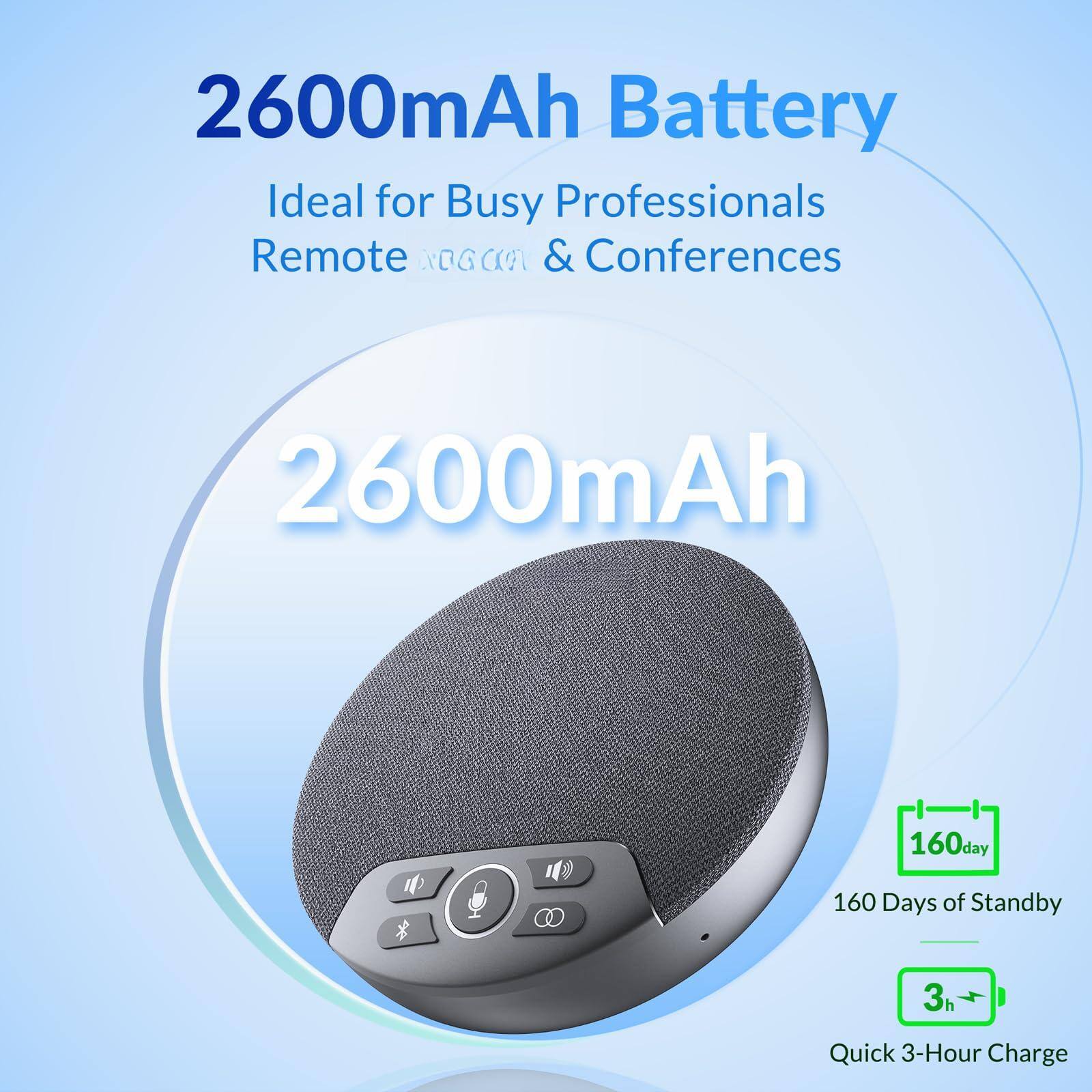 2600mAh Battery  
Ideal for Busy Professionals, Remote Work, & Conferences  

2600mAh  

160 Days of Standby  
Quick 3-Hour Charge