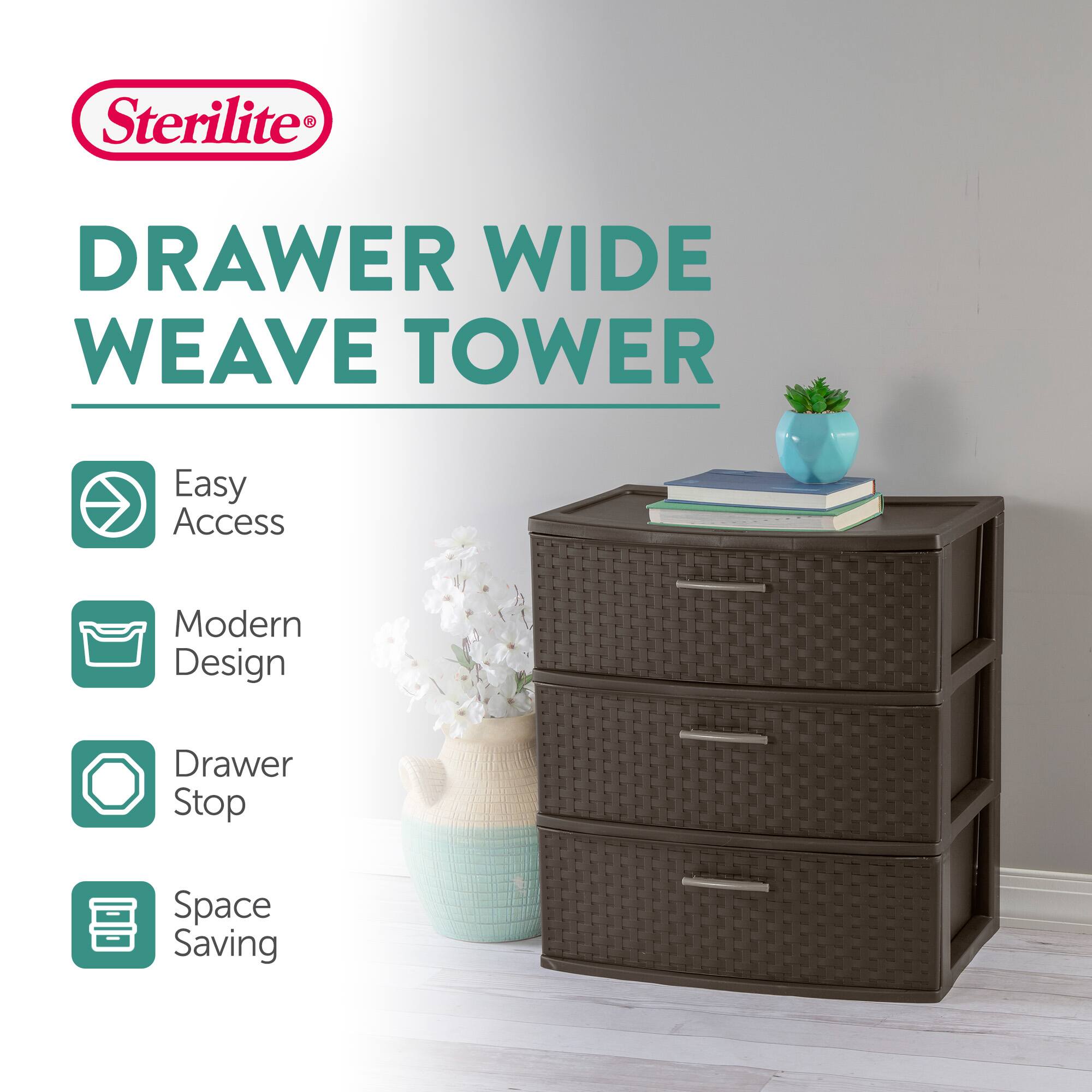 Sterilite®  
DRAWER WIDE WEAVE TOWER  

- Easy Access  
- Modern Design  
- Drawer Stop  
- Space Saving