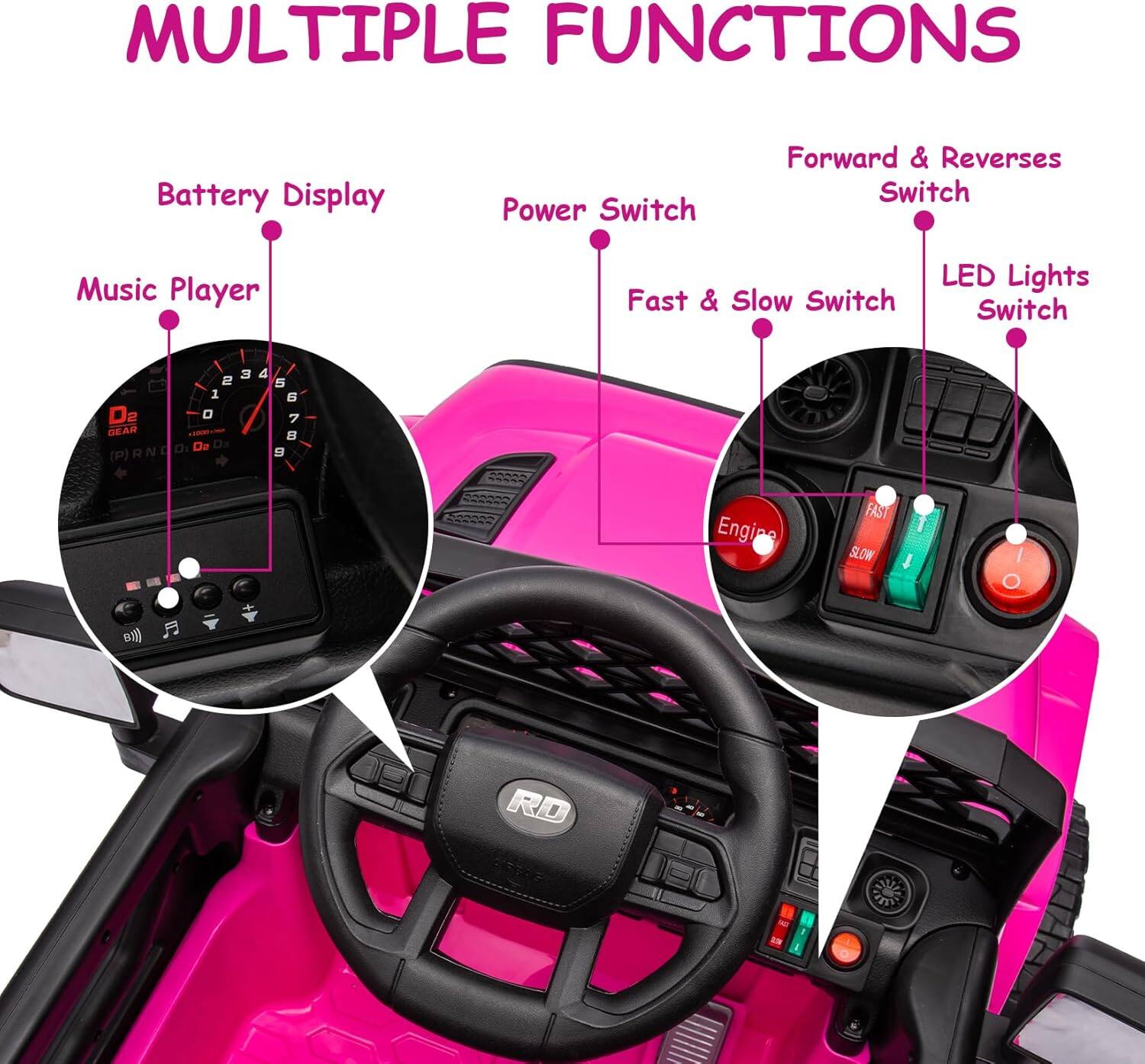 MULTIPLE FUNCTIONS

- Battery Display
- Power Switch
- Forward & Reverses Switch
- Fast & Slow Switch
- LED Lights Switch
- Music Player