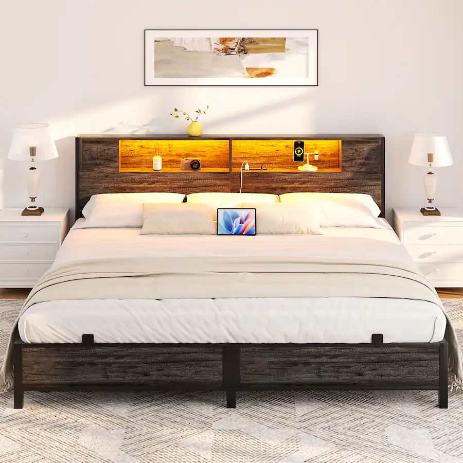 Aheaplus Industrial Metal Bed Frame: Storage Headboard / Charging, LED ...