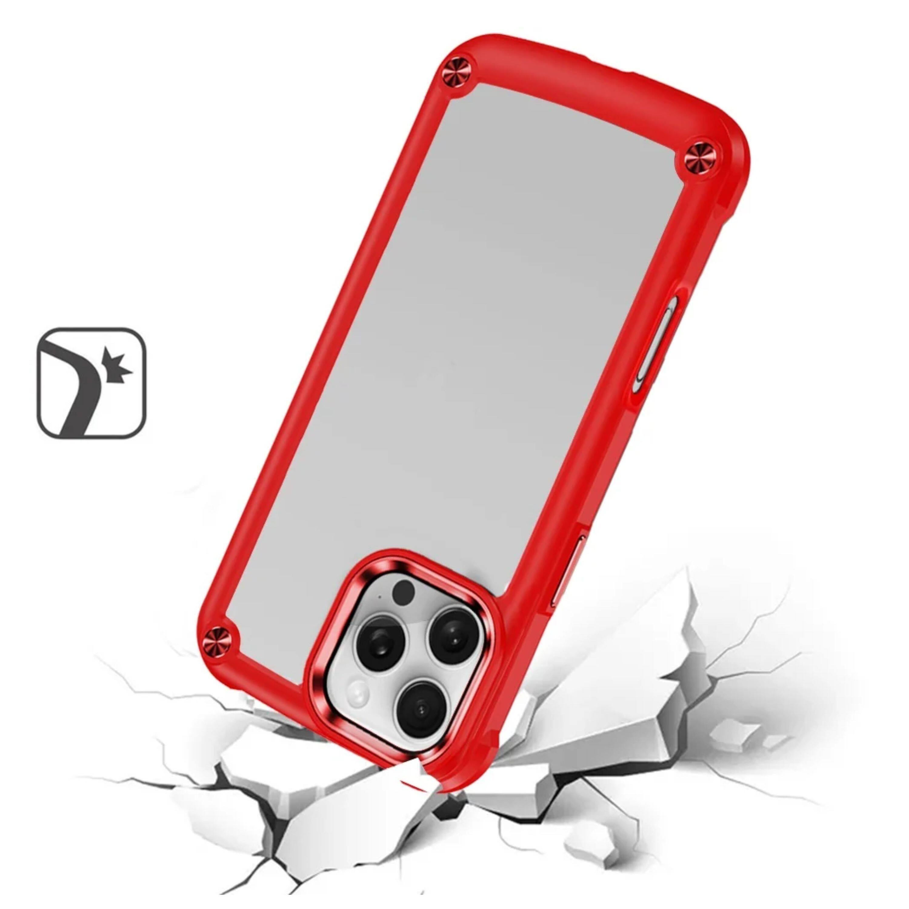 Left. Kitcheniva - Raised Camera Lip Metal Buttons Phone Case With Tempered Glass For iPhone 16 Pro Max Red - Red.