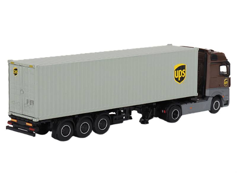 Left. Mini GT - Mercedes-Benz Actros with 40' Container "UPS Europe" Brown and Gray 1/64 Diecast Model by Mini GT - Brown And Gray.