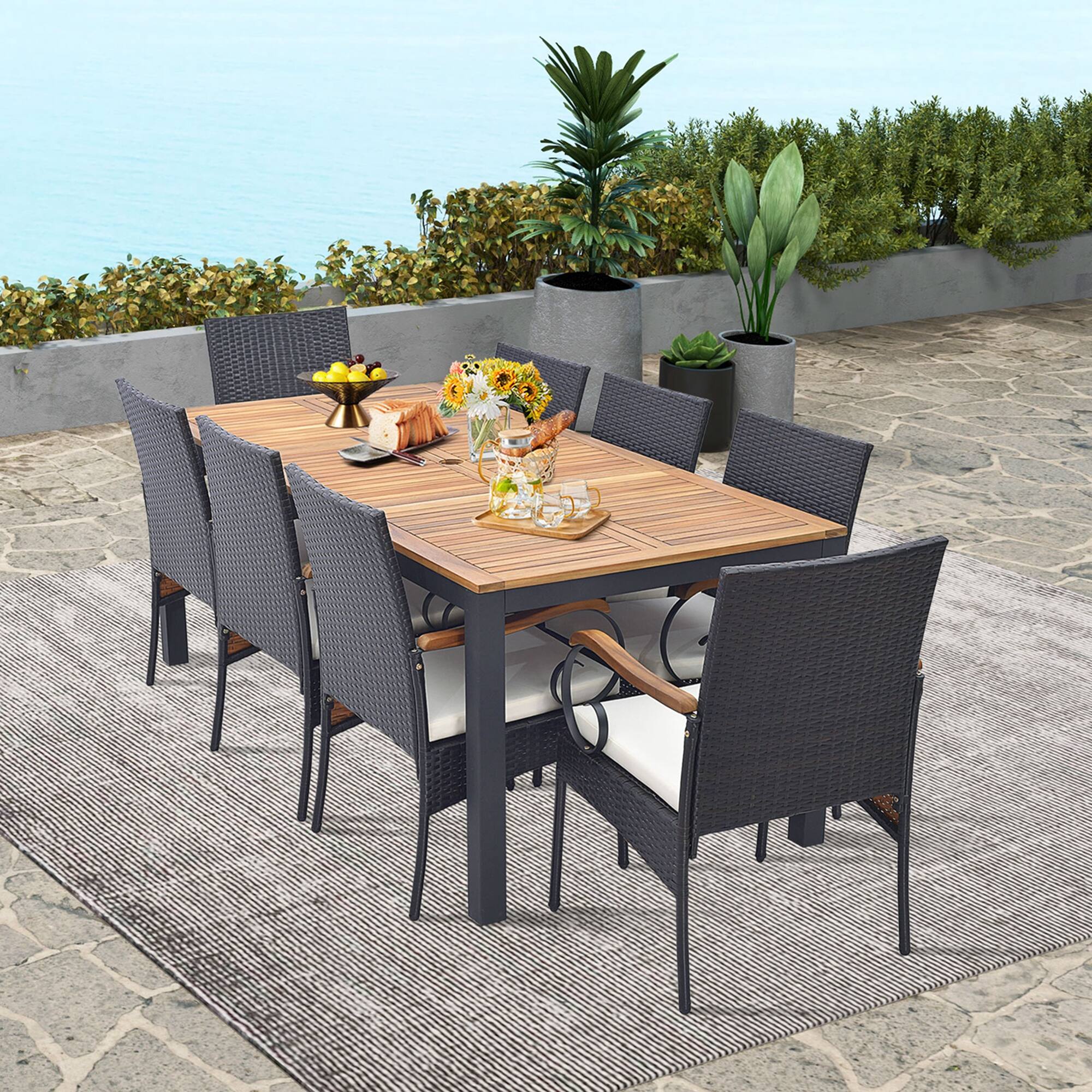 Back. Costway - 9 PCS Patio Rattan Dining Set with Acacia Wood Table, Cushions, 1.9" Umbrella Hole - Mix Brown + Off White.