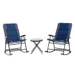 Outsunny - 3 Piece Outdoor Patio Furniture Set with Glass Coffee Table & 2 Folding Padded Rocking Chairs, Bistro Style for Porch - Navy Blue
