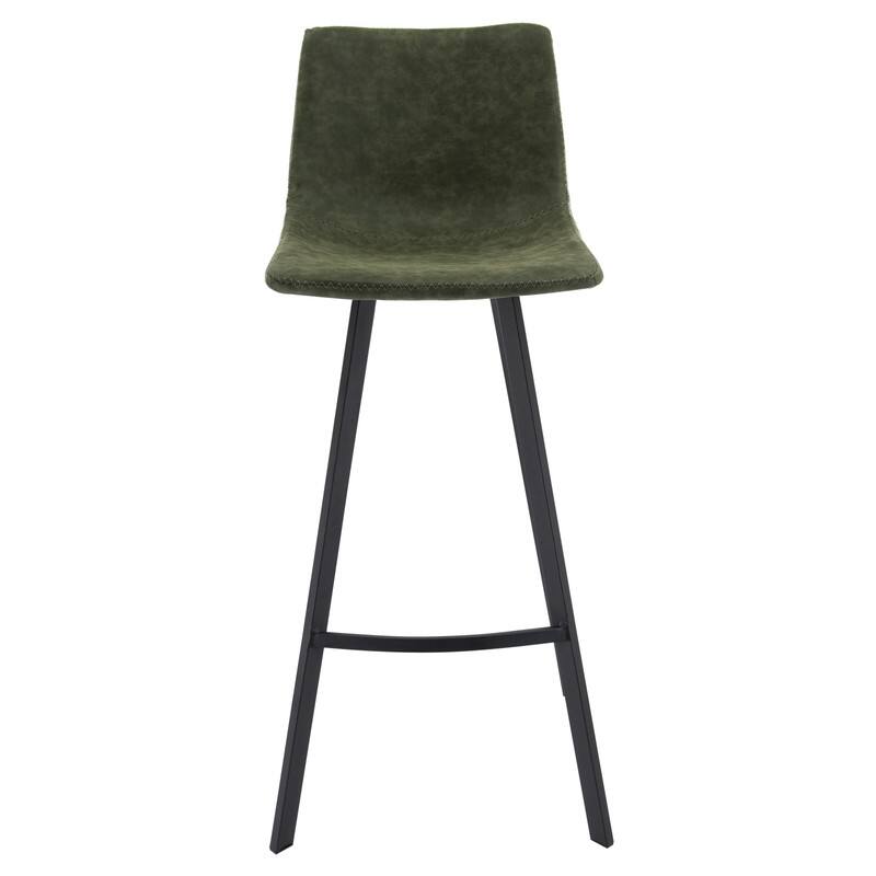 Left. LeisureMod - Elland 2 Pcs Modern Upholstered Leather Bar Stool with Iron Legs and Footrest, Counter Height Dining Stool - Olive Green.