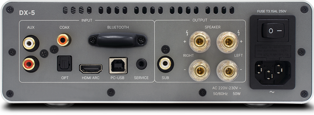 DX-5 is an input/output device with various ports, including HDMI, ARC, PC-USB, and service. It also has a speaker and a subwoofer port. The device is designed to work with 220V-230V power supply and has a maximum power consumption of 50W. The device is suitable for use with different types of electronic devices, such as Bluetooth and coaxial connections.