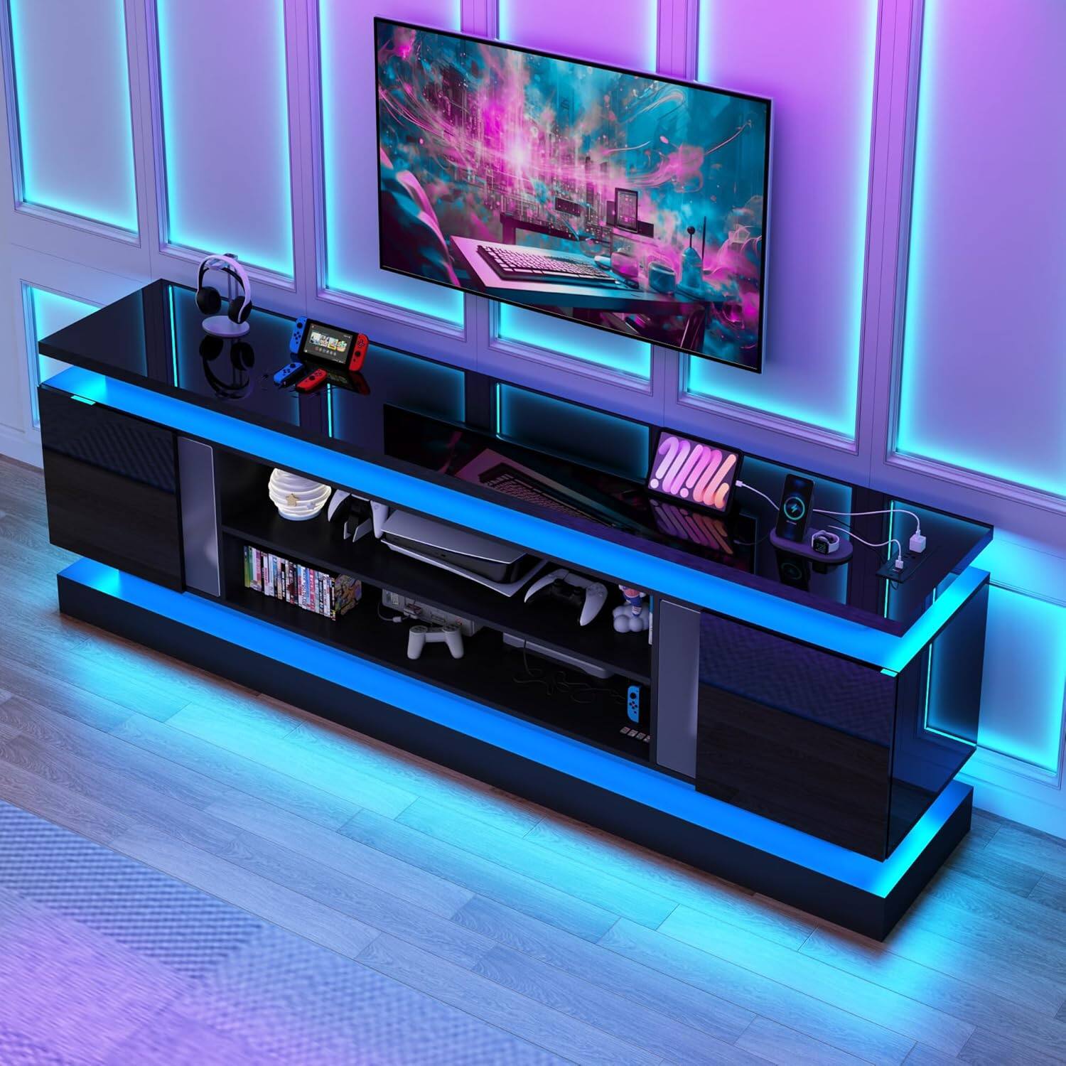Angle. Espafurni - 81" LED TV Stand w/Power Outlet for 75-90" TV, High Gloss, 2 Cabinets & Dual LED Lights - Black.