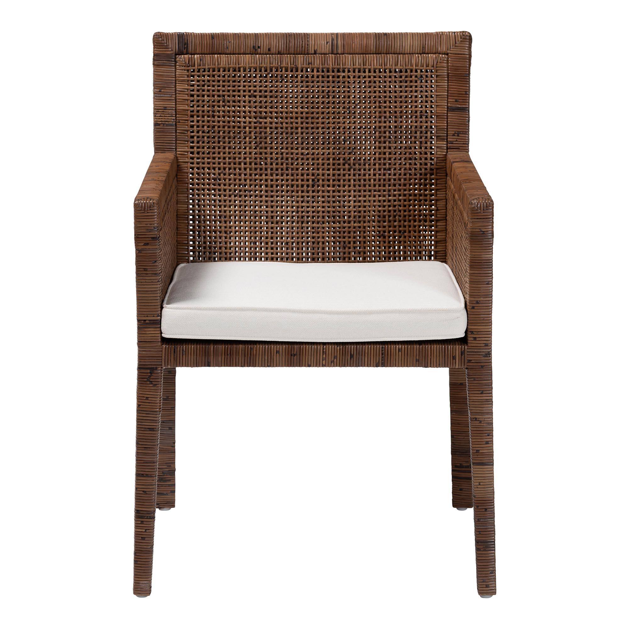 Angle. bali & pari - Karis Rattan Dining Chair with Cushion - Handwoven Wicker Armchair with Mahogany Wood Frame, Coastal Indoor Seating - Antique Coffee.