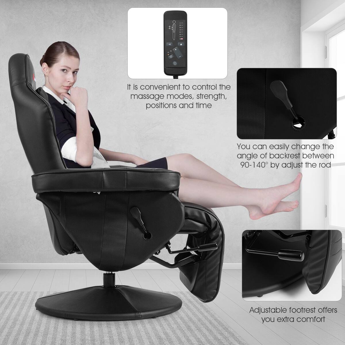 The text on the image reads: "It is convenient to control the massage modes, strength, positions and time. You can easily change the angle of backrest between 90-140 by adjusting the rod. Adjustable footrest offers you extra comfort."