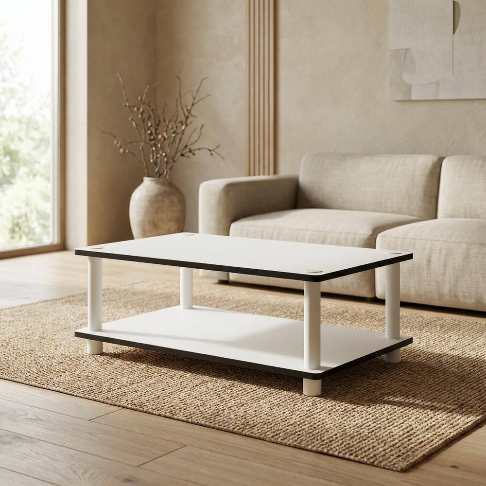 Back. FurniFact - Modern white coffee table with open shelf, 2-tier design and sleek style - Plain White/Plain White.