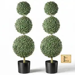 VEVOR - Artificial Boxwood Topiary Triple Ball 3 Ft Set of 2 Greenery Decor, Premium PE Fake Trees, Year-Round Indoor - Green