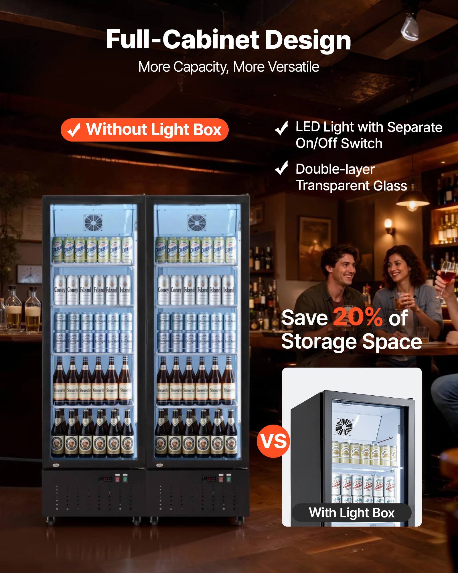 Full-Cabinet Design  
More Capacity, More Versatile

- Without Light Box
- LED Light with Separate On/Off Switch
- Double-layer Transparent Glass

Save 20% of Storage Space

VS

With Light Box