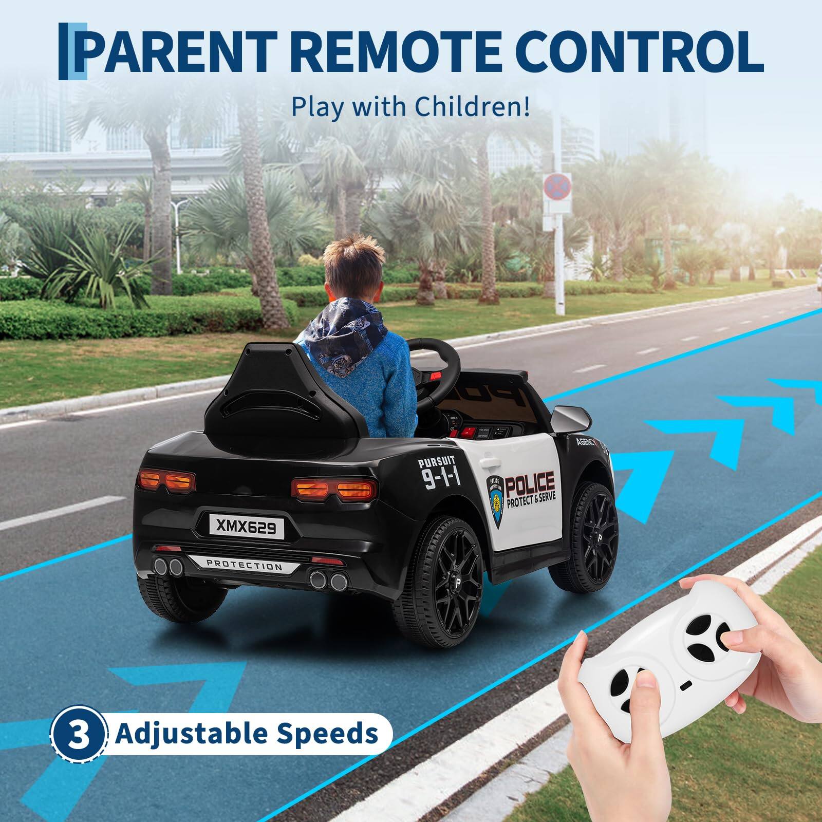 PARENT REMOTE CONTROL  
Play with Children!  

PC XMX629  
PURSUIT 9-1-1  
POLICE  
PROTECT & SERVE  
PROTECTION  

3 Adjustable Speeds
