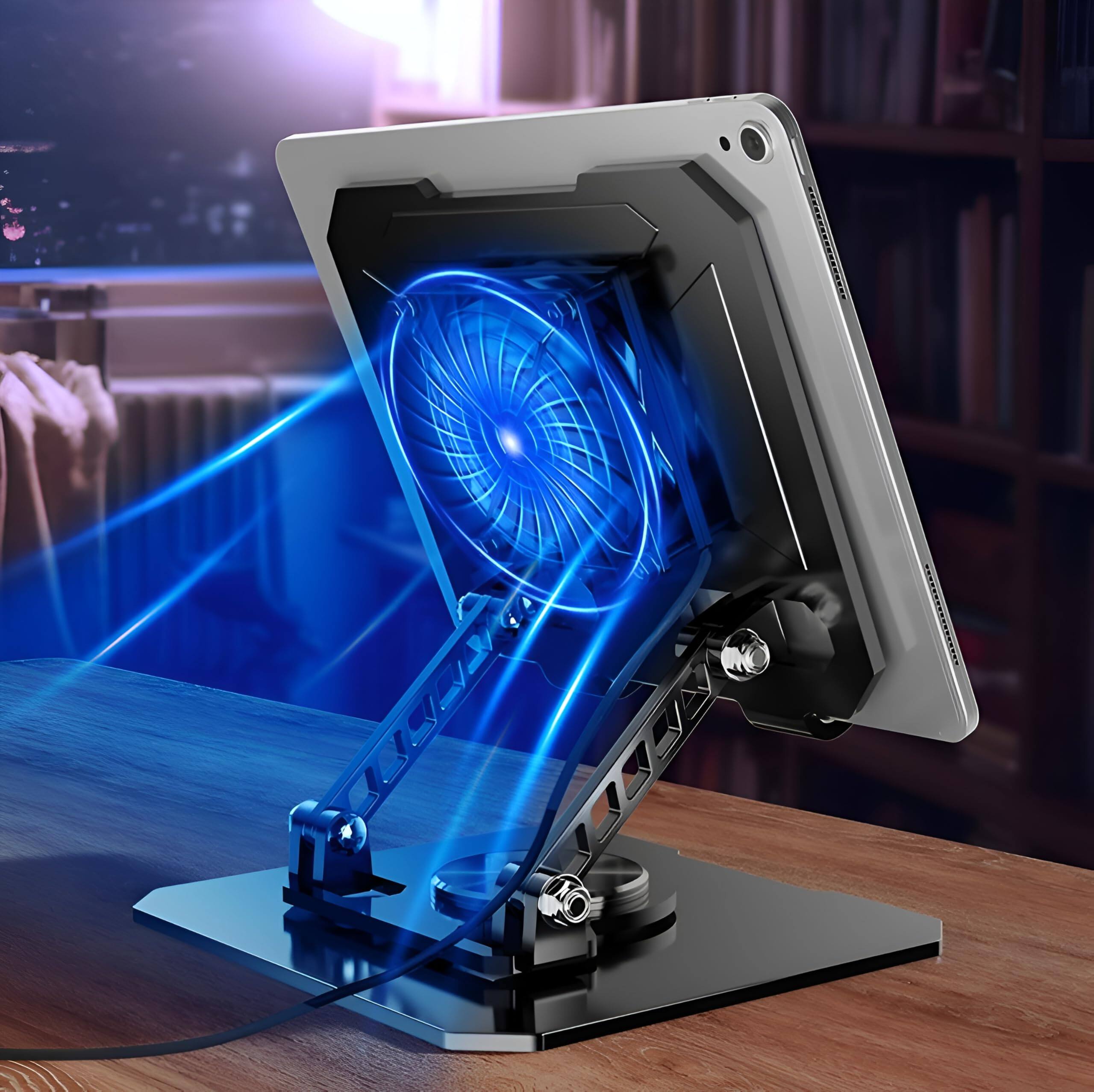 Alt View 1. HongFei - Black Laptop Cooling Stand with Turbo Fan, Adjustable Height & Angle, 360° Rotating Aluminum Riser for Up to 15.6” - Black.