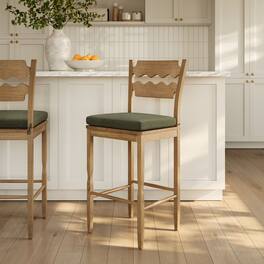 Jax Oak Wood Bar Stool With Wavy Razor Back and Cushion by Modway - Weathered Oak Sage