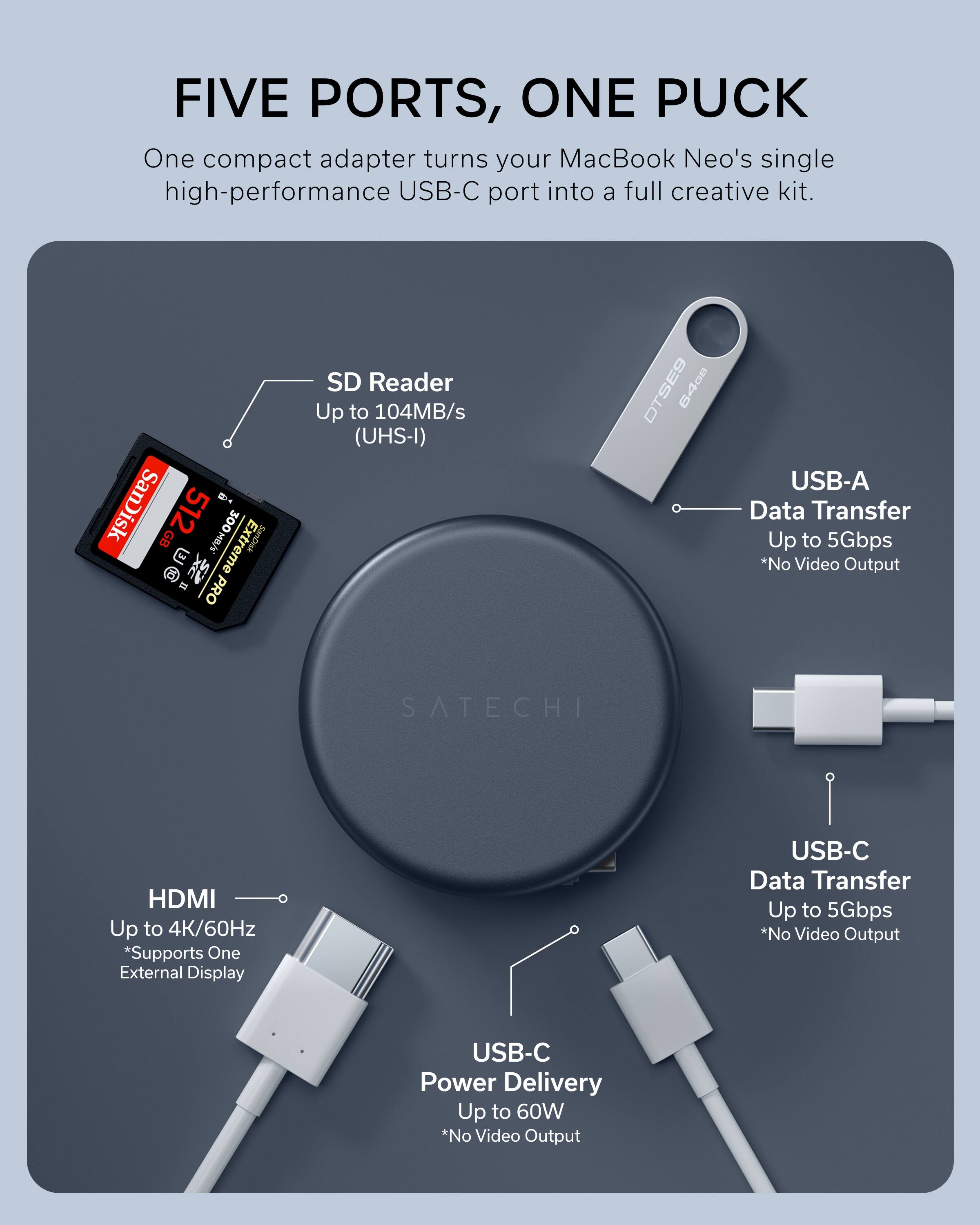 FIVE PORTS, ONE PUCK

One compact adapter turns your MacBook Neo's single high-performance USB-C port into a full creative kit.

- SD Reader
  - Up to 104MB/s (UHS-I)

- USB-A
  - Data Transfer
  - Up to 5Gbps
  - *No Video Output

- HDMI
  - Up to 4K/60Hz
  - *Supports One External Display

- USB-C
  - Data Transfer
  - Up to 5Gbps
  - *No Video Output

- USB-C
  - Power Delivery
  - Up to 60W
  - *No Video Output