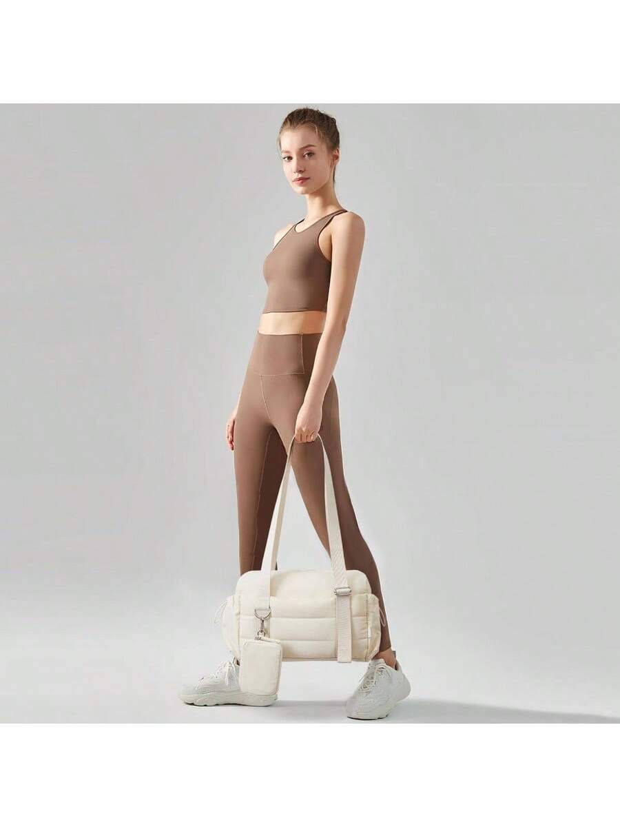 Angle. Live At Space - Small Gym Bag Women 2 Set Duffle with Wet Compartment and Coin Wallet, Tote WorkoutSportTravel - Beige.