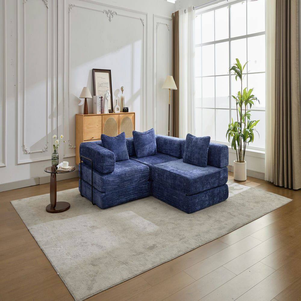 Back. Kadyn - Compression Sectional Sofa, Convertible Floor Bed with Fixed Frame, Boneless Chenille, Dark Blue - Blue.