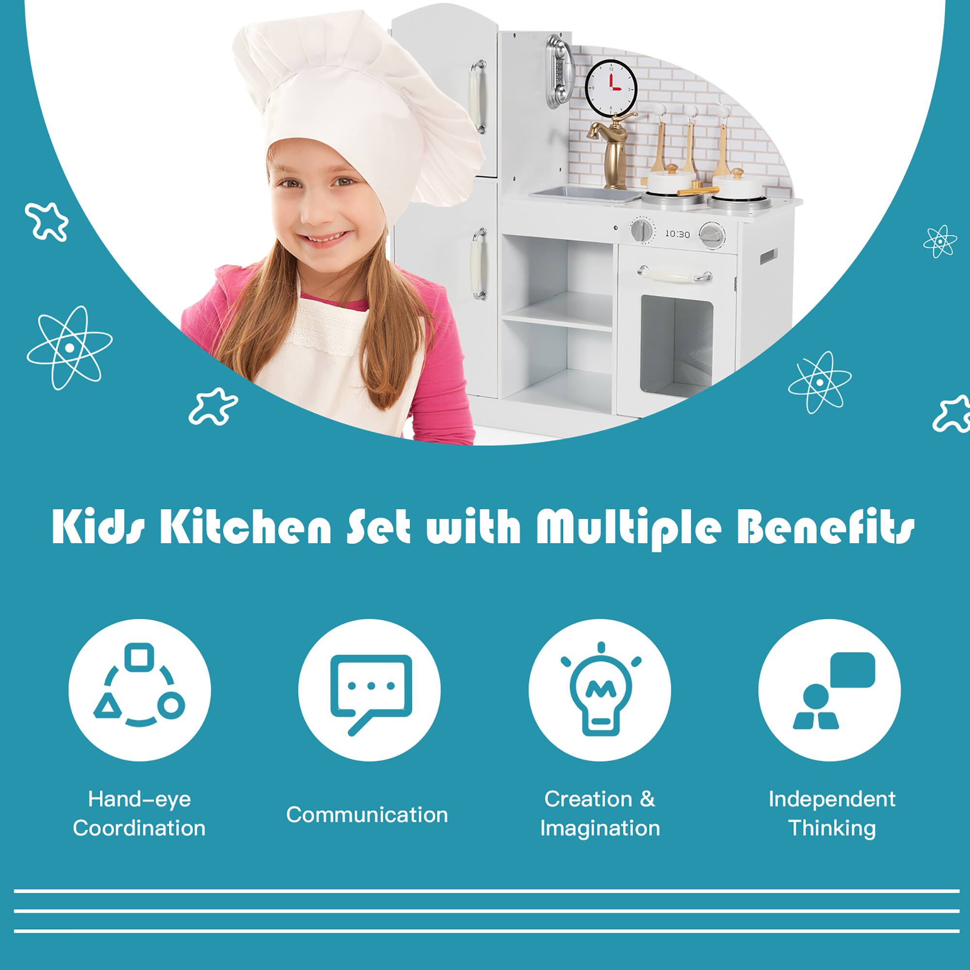 Kids Kitchen Set with Multiple Benefits

- Hand-eye Coordination
- Communication
- Creation & Imagination
- Independent Thinking