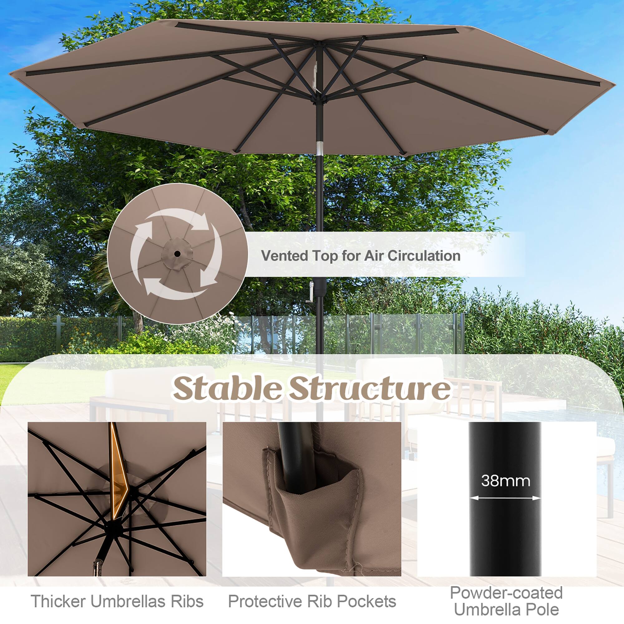 Stable Structure
Vented Top for Air Circulation
Thicker Umbrellas Ribs
Protective Rib Pockets
Powder-coated Umbrella Pole