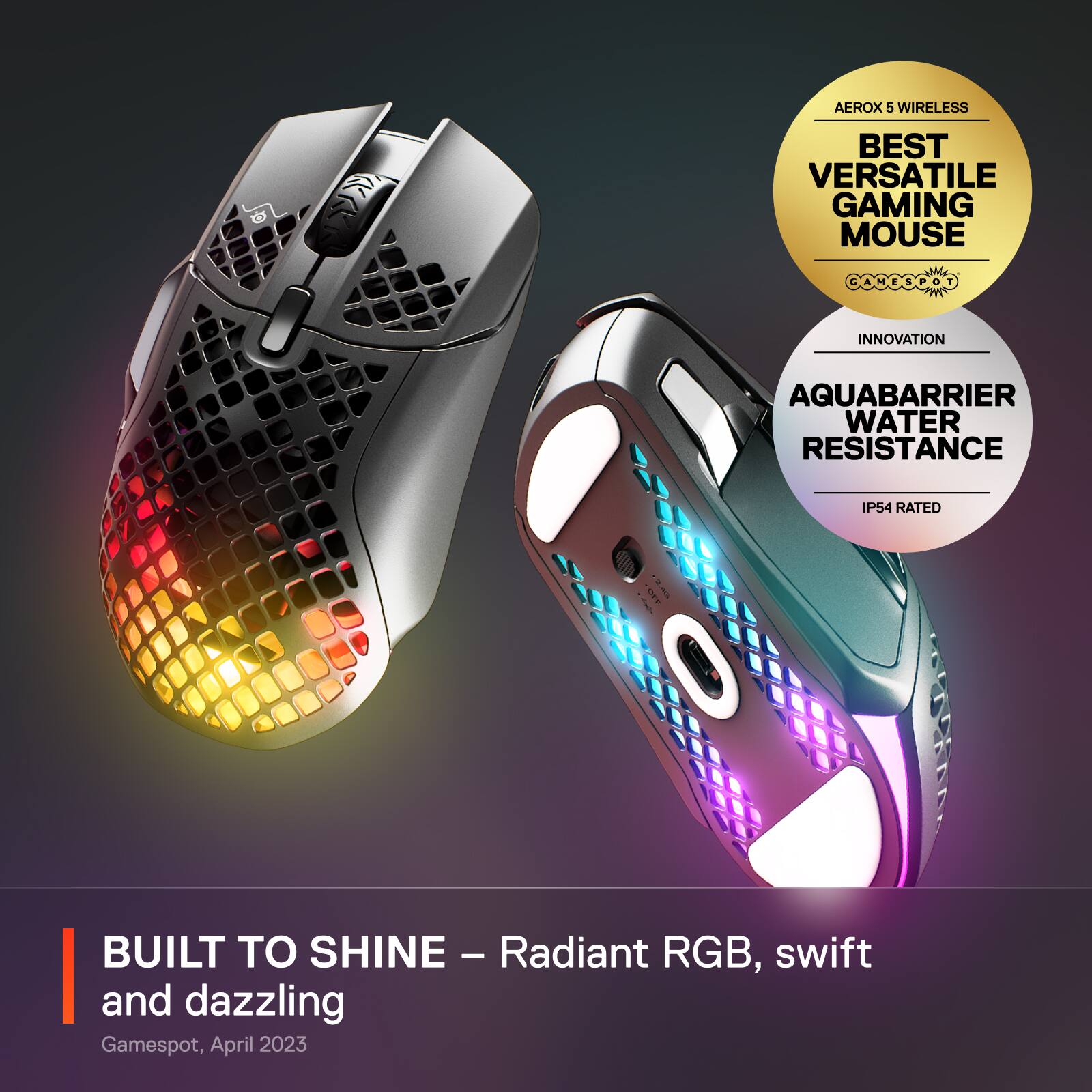 Built to Shine - Radiant RGB, Swift and Dazzling - Aerox 5 Wireless Best Versatile Gaming Mouse - Innovation - Aquabarrier Water Resistance IP54 Rated - Gamespot, April 2023