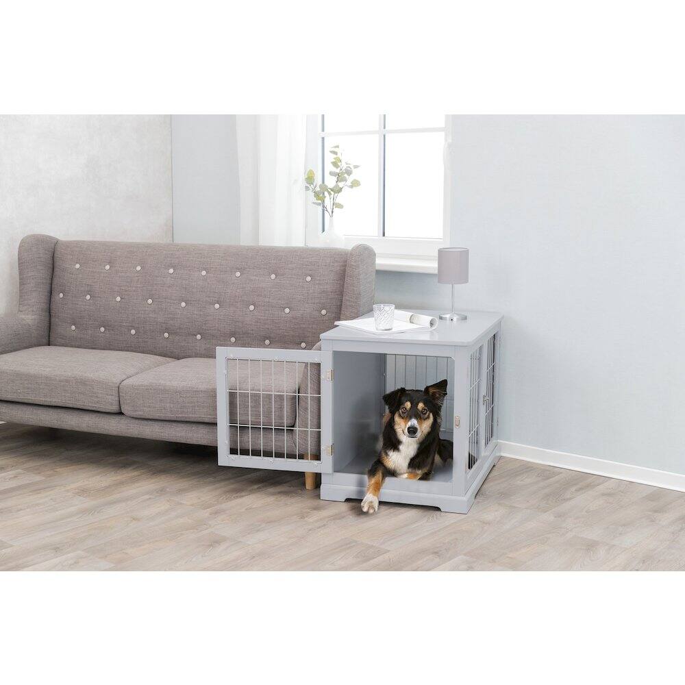 Angle. TRIXIE - 32.7" Dog Crate, Wooden Indoor Kennel Furniture for Dogs Up to 50 lb - Gray.