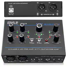 24 BIT USB AUDIO INTERFACE TO PC
EXT. DC IN (5V/1A)
R MONITOR OUT L
PYLE PUX6
24 BIT USB AUDIO INTERFACE
2 CLASS A MIC PRE-AMP / 2 TTL GUITAR PRE-AMP
GUITAR 1
GUITAR 2
MIC 1
MIC 2
MONITOR
PC USB
MIC INPUT
GUITAR INPUT
PHONES
STEREO IN
SIG 10
SIG 10
PEAK
PEAK
CLIP L
CLIP R
POWER
MIC + PC
+48V PHANTOM
MIN
MAX
ST MONO
ST MONO
MIC 1
MIC 2
GUITAR 1
GUITAR 2
PHONES