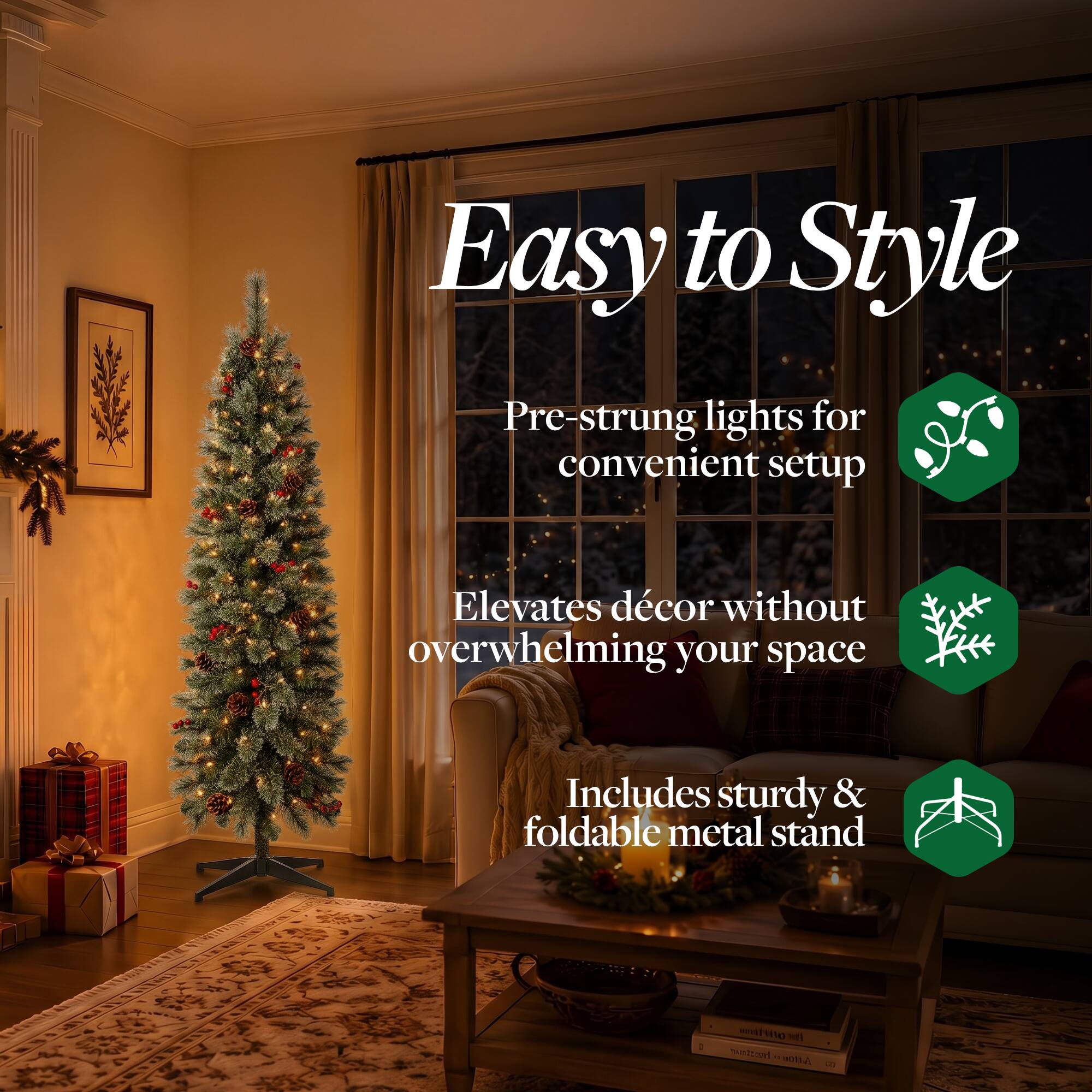 Easy to Style  
Pre-strung lights for convenient setup  
Elevates décor without overwhelming your space  
Includes sturdy & foldable metal stand