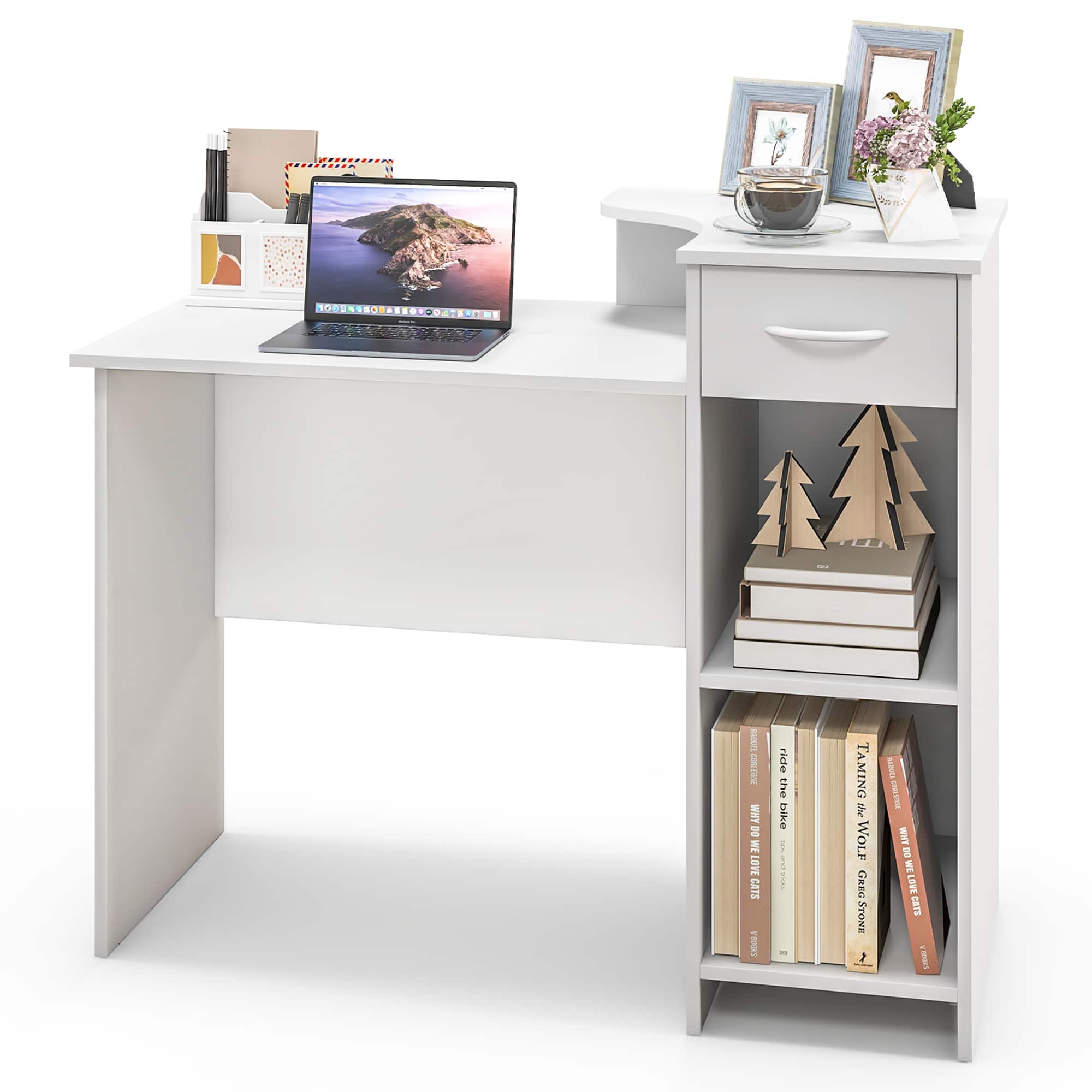 Gymax - Computer Desk w/ Drawer Modern Laptop PC Desk w/ Adjustable Shelf & Cable Hole - White
