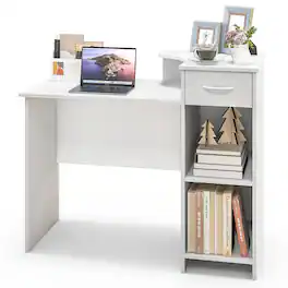 Gymax - Computer Desk w/ Drawer Modern Laptop PC Desk w/ Adjustable Shelf & Cable Hole - White