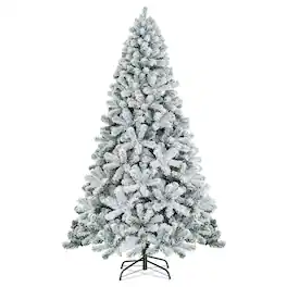Costway - 7.5ft Snow Flocked Hinged Christmas Tree Unlit Metal Stand - Green/White