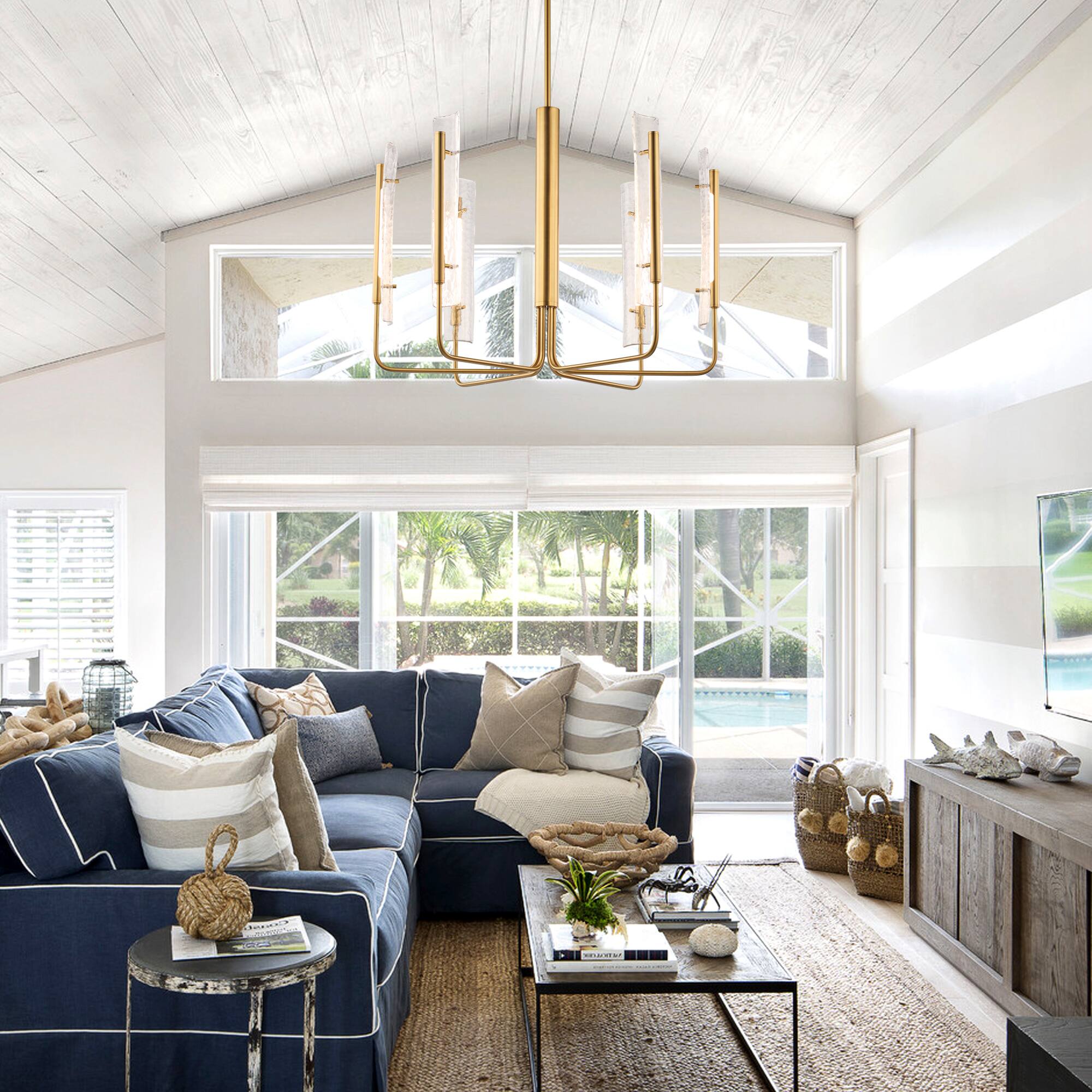 Angle. Perimost - 34'' Modern LED Ceiling Light with Glass Shade and Adjustable Rod - Gold.