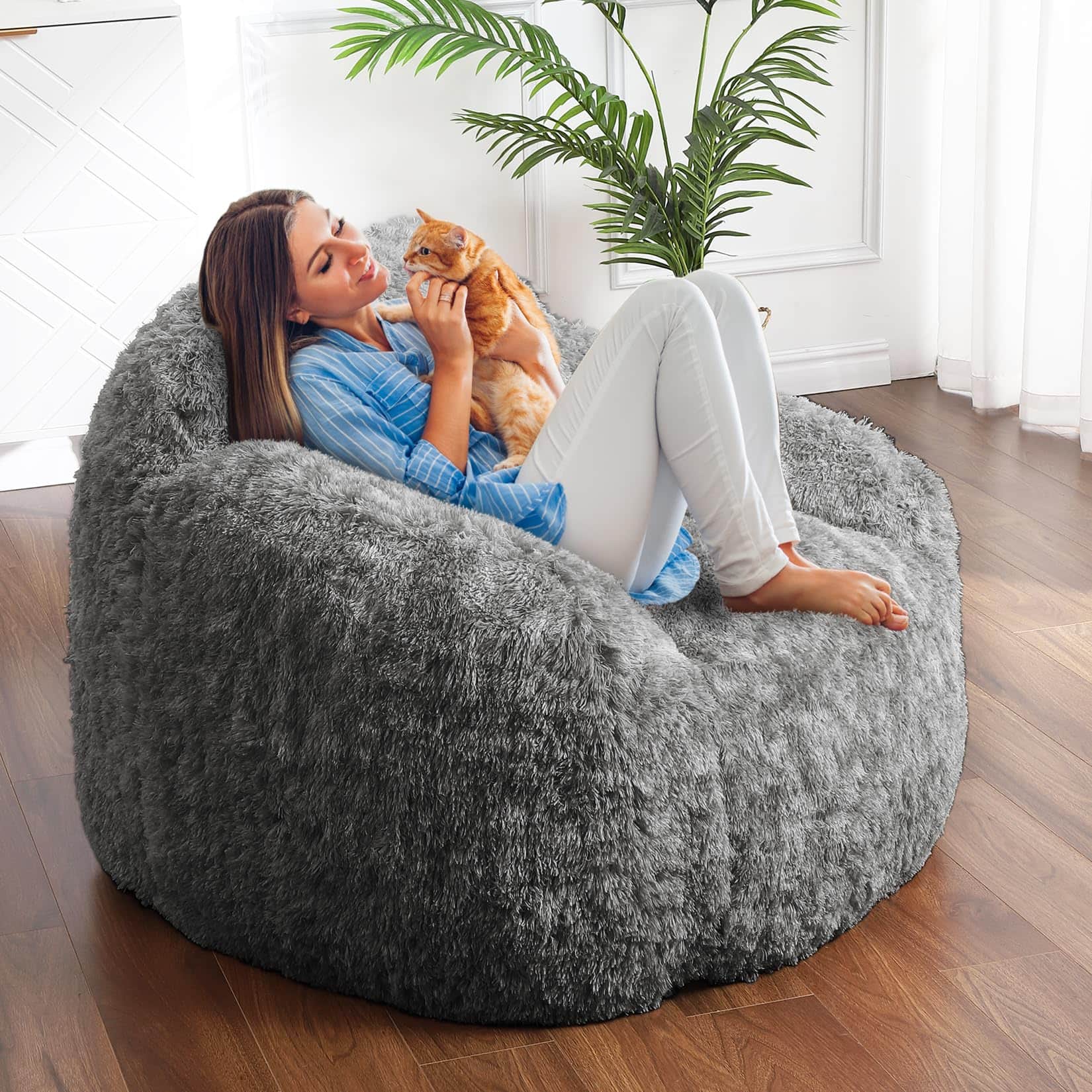 Acekool - Soft Fluffy Bean Bag Chair for Adults Foam Filled Living Room Bean Bags with Armrest - Black