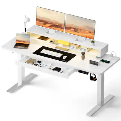 Front. GTPlayer - 48 x 24 Inch Electric Standing Desk with Drawers,Power Outlets & LED Lights Home Office Sit Stand Up Desk,White - White.