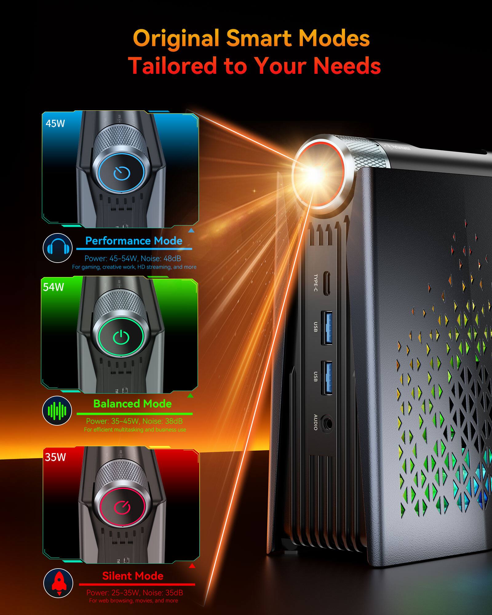 Original Smart Modes Tailored to Your Needs

45W Performance Mode  
Power: 45-54W  
Noise: 48dB  
For gaming, creative work, HD streaming, and more

54W Balanced Mode  
Power: 35-45W  
Noise: 38dB  
For efficient multitasking and business use

35W Silent Mode  
Power: 25-35W  
Noise: 35dB  
For web browsing, movies, and more