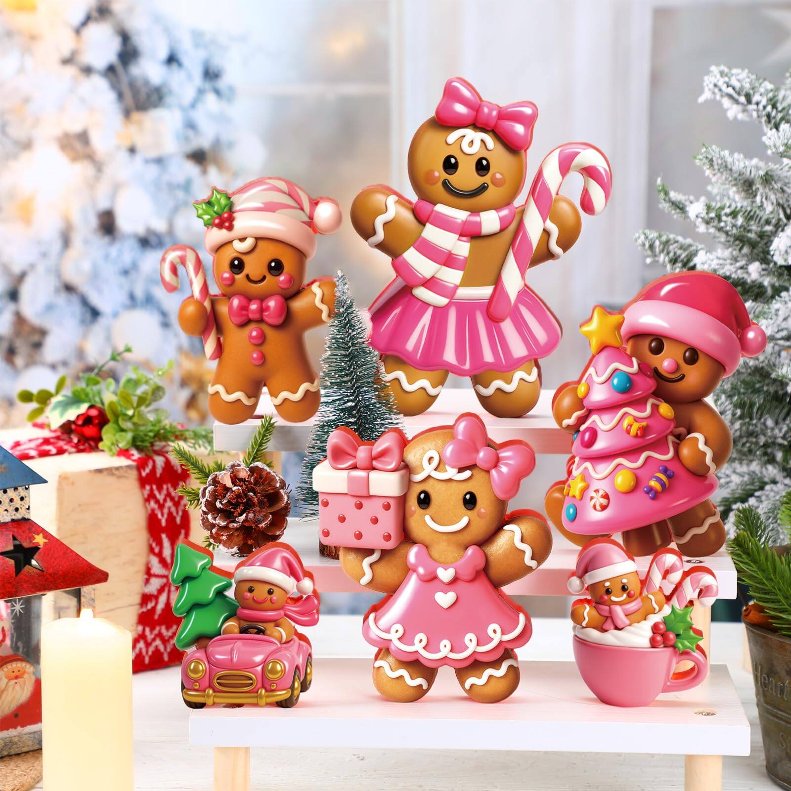 Front. Refined Abode Design - Large Gingerbread Man Christmas Table Decoration Wooden Figurines Xmas Centerpieces Rustic Vintage Sign Block - Pink.