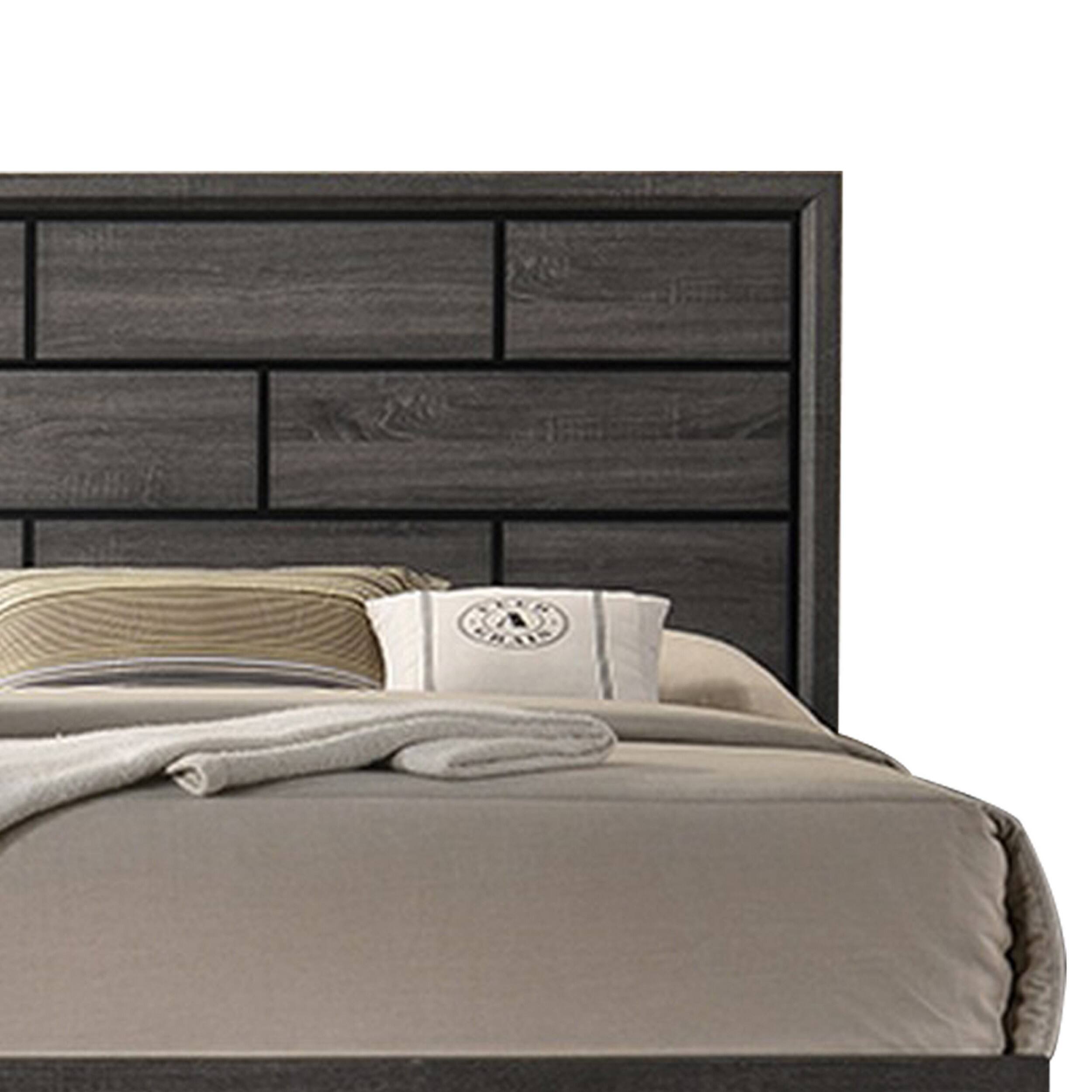 Alt View 2. Manhattan Lane - Mazie Queen Bed, Brick Style Headboard, Black Tapered Legs - Gray, Black.