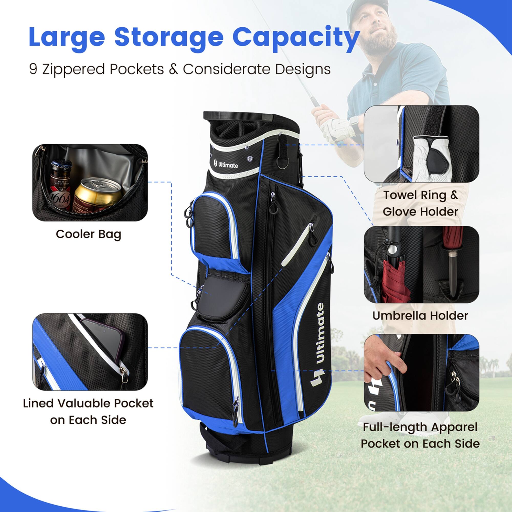 Large Storage Capacity  
9 Zippered Pockets & Considerate Designs  

- Cooler Bag  
- Towel Ring & Glove Holder  
- Lined Valuable Pocket on Each Side  
- Umbrella Holder  
- Full-length Apparel Pocket on Each Side